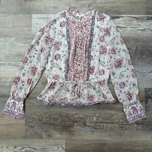 Joie Ivory Floral Silk Blouse with Pintuck Front and Flared Cuffs Size Small